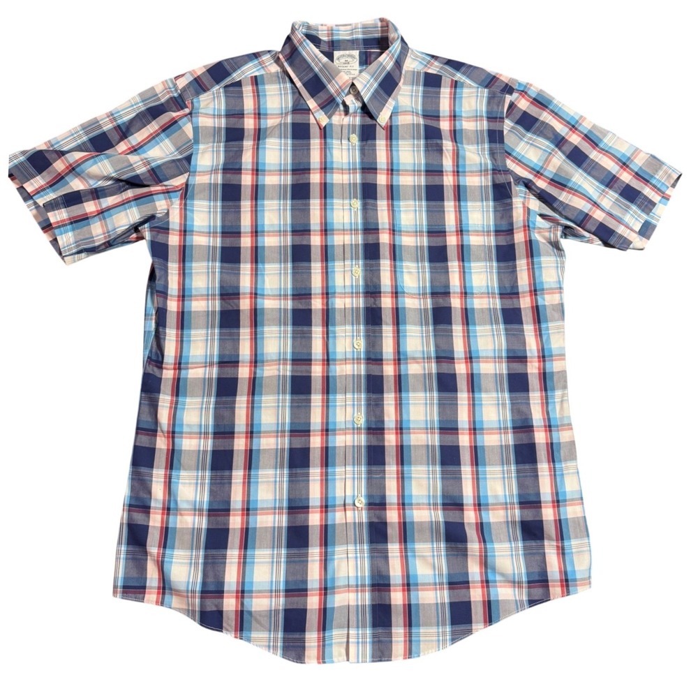 Brooks Brothers Mens Regent Fit Plaid Short Sleeve Non-Iron Shirt Blue Red‎ M